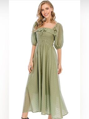 Smocked Square Neck Olive Green Maxi Dress XL
